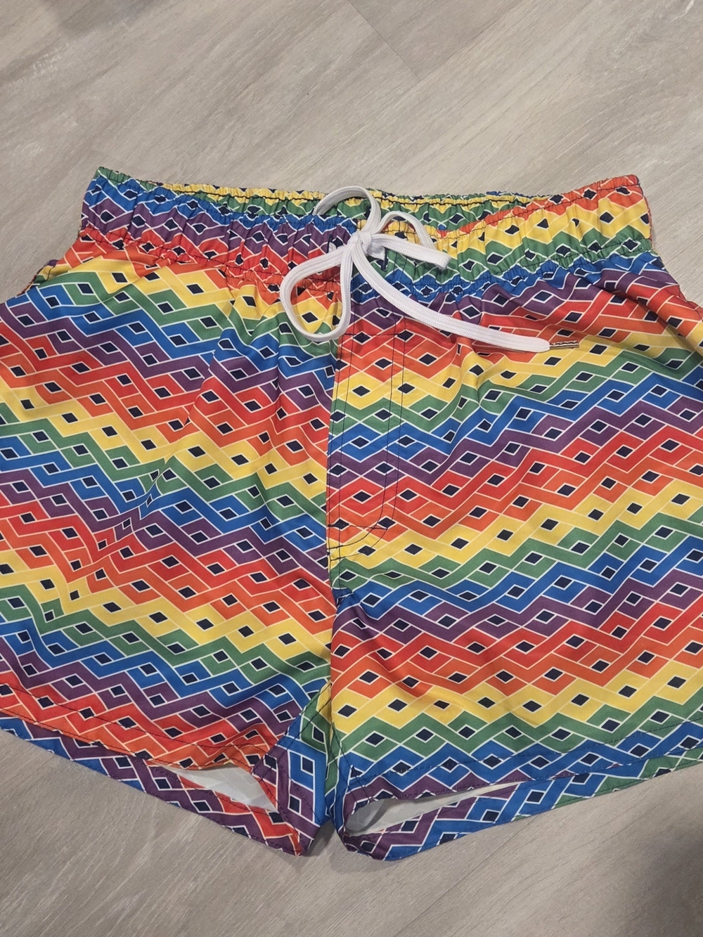 EVOLVE Rainbow Chevron Swim Shorts with White Drawstring Size M